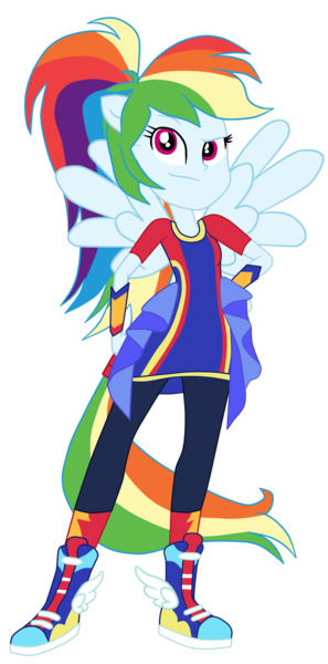 Size: 1900x3834 | Tagged: safe, artist:gmaplay, derpibooru import, rainbow dash, cheer you on, equestria girls, equestria girls series, spoiler:eqg series (season 2), clothes, frills, hand on hip, image, pants, png, ponied up, pony ears, raised eyebrow, shoes, sneakers, solo, super ponied up, wings