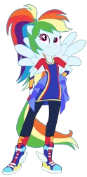 Size: 1900x3834 | Tagged: safe, artist:gmaplay, derpibooru import, rainbow dash, cheer you on, equestria girls, equestria girls series, spoiler:eqg series (season 2), clothes, frills, hand on hip, image, pants, png, ponied up, pony ears, raised eyebrow, shoes, sneakers, solo, super ponied up, wings