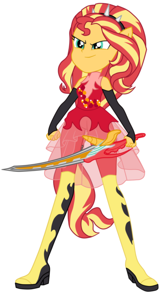Size: 1900x3390 | Tagged: safe, artist:gmaplay, derpibooru import, sunset shimmer, cheer you on, equestria girls, equestria girls series, spoiler:eqg series (season 2), alternate hairstyle, clenched fist, clothes, determined smile, image, png, pony ears, sleeveless, solo, spiked headband, sword, weapon