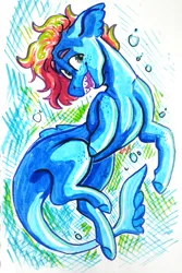 Size: 1224x1834 | Tagged: safe, artist:eggoatt, oc, unnamed oc, unofficial characters only, original species, shark, shark pony, braces, bubble, image, inktober, png, traditional art, underwater