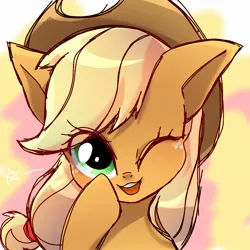 Size: 1280x1280 | Tagged: safe, artist:namaenonaipony, derpibooru import, applejack, earth pony, pony, abstract background, bust, cowboy hat, eye clipping through hair, female, freckles, hat, image, jpeg, looking at you, mare, one eye closed, open mouth, solo, wink, winking at you