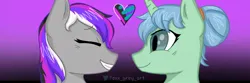 Size: 1080x360 | Tagged: safe, artist:foxx_grey_art, derpibooru import, oc, oc:star flower, unofficial characters only, pegasus, pony, unicorn, commission, duo, duo female, female, gradient background, heart, horn, image, jpeg, mare, pegasus oc, simple background, smiling, unicorn oc, wings, ych example, ych result, your character here