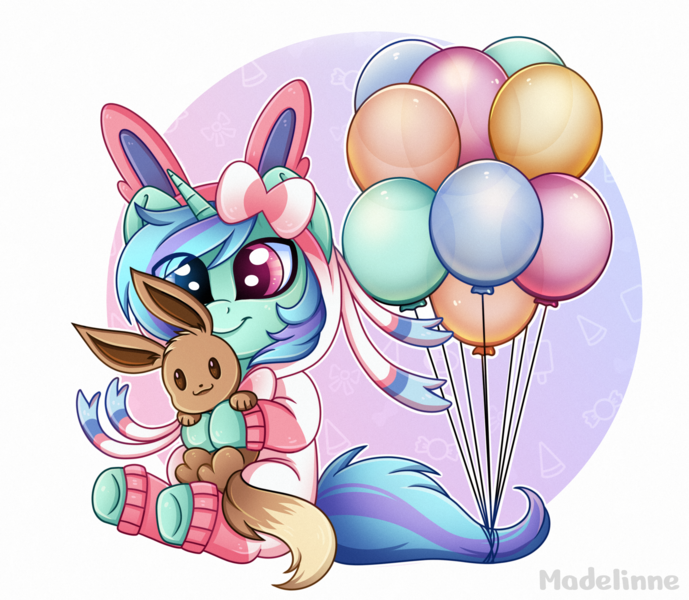 Size: 2869x2500 | Tagged: safe, artist:madelinne, derpibooru import, oc, oc:richy, unofficial characters only, unicorn, balloon, chibi, cute, image, onesie, plushie, png, pokémon, sitting, solo