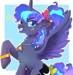 Size: 2100x2160 | Tagged: safe, artist:hosikawa, derpibooru import, princess luna, alicorn, pony, 80s princess luna, abstract background, female, horn, image, jewelry, jpeg, looking at you, mare, necklace, one eye closed, raised hoof, simple background, sitting, solo, spread wings, stars, white background, wings, wink, winking at you