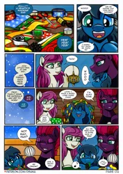 Size: 2480x3508 | Tagged: safe, artist:dsana, derpibooru import, fizzlepop berrytwist, tempest shadow, oc, oc:lullaby dusk, oc:thistledown, earth pony, pegasus, pony, unicorn, comic:a storm's lullaby, female, filly, foal, hearth's warming eve, image, mare, png