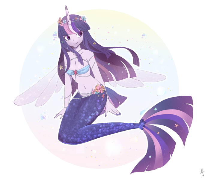 Size: 2000x1728 | Tagged: safe, artist:hosikawa, derpibooru import, twilight sparkle, mermaid, abstract background, female, flower, flower in hair, horn, image, jewelry, jpeg, mermaidized, necklace, pearl, pearl necklace, simple background, solo, species swap