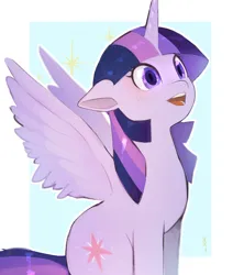 Size: 2200x2600 | Tagged: safe, artist:hosikawa, derpibooru import, twilight sparkle, twilight sparkle (alicorn), alicorn, pony, abstract background, female, floppy ears, horn, image, jpeg, mare, open mouth, simple background, sitting, solo, sparkles, spread wings, white background, wings