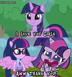 Size: 1080x1147 | Tagged: safe, artist:luigigamer25, derpibooru import, edit, edited screencap, screencap, sci-twi, twilight sparkle, twilight sparkle (alicorn), alicorn, pony, equestria girls, equestria girls series, forgotten friendship, my little pony: pony life, cute, female, glasses, image, jpeg, magic, mare, open mouth, open smile, reference, self paradox, self ponidox, smiling, spider-man: no way home, spread wings, telekinesis, text, twiabetes, wings