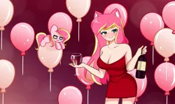 Size: 2048x1219 | Tagged: suggestive, artist:kittyrosie, derpibooru import, oc, oc:rosa flame, unofficial characters only, human, pony, unicorn, :i, absolute cleavage, alcohol, balloon, bare shoulders, birthday, blushing, breasts, champagne, champagne glass, cleavage, clothes, dress, grin, happy birthday, horn, image, jewelry, jpeg, necklace, self paradox, self ponidox, shrunken pupils, sleeveless, smiling, strapless, unicorn oc, wine