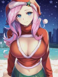 Size: 512x682 | Tagged: suggestive, derpibooru import, machine learning generated, novelai, stable diffusion, fluttershy, human, equestria girls, beautiful, breasts, bust, busty fluttershy, christmas, christmas lights, christmas sweater, christmas tree, clothes, hat, holiday, humanized, image, jpeg, looking at you, santa hat, sweater, tree