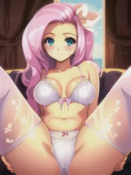 Size: 512x682 | Tagged: suggestive, derpibooru import, machine learning generated, novelai, stable diffusion, fluttershy, human, equestria girls, bow, bra, breasts, bust, busty fluttershy, clothes, hair bow, humanized, image, jpeg, lingerie, looking at you, offscreen character, panties, pov, sexy, smiling, smiling at you, spread legs, spreading, stupid sexy fluttershy, underwear, white underwear