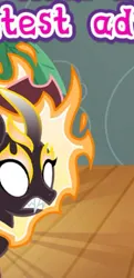 Size: 303x627 | Tagged: safe, derpibooru import, edit, applejack, kirin, nirik, cropped, fangs, female, fire, gameloft, image, jpeg, kirin applejack, kirinified, mane of fire, meme, solo, species swap, wow! glimmer