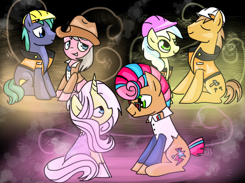 Size: 1024x768 | Tagged: safe, artist:andromedasparkz, derpibooru import, ambrosia, cindy block, hard hat (character), lily lace, rivet, starstreak, wrangler, earth pony, pony, unicorn, clothes, female, glasses, hard hat, hat, image, jpeg, male, mare, shipping, stallion, straight