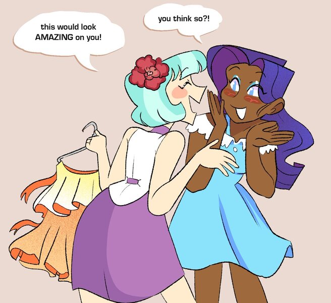 Size: 1200x1098 | Tagged: safe, artist:stevetwisp, derpibooru import, coco pommel, rarity, human, blushing, clothes, clothes hanger, cocobetes, cute, dark skin, dress, duo, eyes closed, eyeshadow, female, grin, humanized, image, jpeg, lesbian, makeup, marshmallow coco, open mouth, raribetes, shipping, skirt, smiling