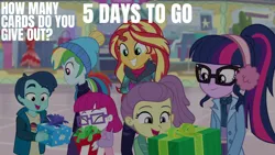 Size: 1920x1080 | Tagged: safe, derpibooru import, edit, edited screencap, editor:quoterific, screencap, lily pad (equestria girls), little red, rainbow dash, sci-twi, sunset shimmer, twilight sparkle, equestria girls, equestria girls series, holidays unwrapped, spoiler:eqg series (season 2), image, png, winter break-in