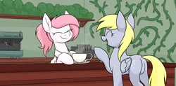 Size: 2248x1103 | Tagged: safe, artist:moonatik, derpibooru import, derpy hooves, oc, oc:sugar morning, pegasus, pony, apron, bush, butt, clothes, coffee machine, coffee mug, coffee shop, cute, duo, duo female, eyes closed, featureless crotch, female, image, mare, mug, plants, plot, png, secret santa, shirt, smiling, vine, wings