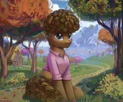 Size: 2400x2000 | Tagged: safe, artist:adagiostring, derpibooru import, oc, unofficial characters only, earth pony, pony, afro, autumn, commission, earth pony oc, forest, forest background, image, male, mountain, png, scenery, sitting, solo, stallion, tree