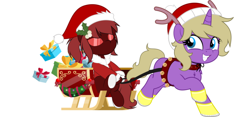 Size: 5000x2509 | Tagged: safe, artist:jhayarr23, derpibooru import, oc, oc:hay meadow, ponified, unofficial characters only, earth pony, pony, unicorn, bell, bell collar, boots, christmas, clothes, coat, collar, commission, costume, cute, duo, earth pony oc, fake antlers, female, grin, hat, holiday, horn, image, mare, marvel, marvel comics, mary jane watson, png, present, raised hoof, raised leg, santa costume, santa hat, shoes, simple background, sleigh, smiling, spider-man, spider-woman, superhero, superhero costume, transparent background, unicorn oc, ych result