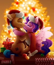 Size: 2900x3500 | Tagged: safe, artist:rainbowfire, derpibooru import, hitch trailblazer, pipp petals, earth pony, pegasus, pony, g5, spoiler:g5, :3, adorapipp, ball, blushing, bulb, bupp, candy, cap, christmas, christmas tree, clothes, coca-cola, complex background, cute, duo, eyes closed, female, floppy ears, food, garland, grin, happy new year, hat, heart, hitchpipp, holiday, hug, image, jewelry, kissing, kneeling, lollipop, lollipops, love, male, mare, open mouth, png, present, raised hoof, santa hat, scarf, shipping, smiling, spread wings, straight, tree, wings