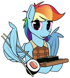 Size: 1800x2000 | Tagged: safe, artist:dacaoo, derpibooru import, rainbow dash, pegasus, pony, chopsticks, clothes, food, image, jacket, looking at you, png, sushi, wing hands, wing hold, wings