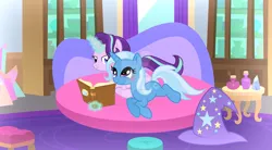 Size: 1024x565 | Tagged: safe, artist:velveagicsentryyt, derpibooru import, starlight glimmer, trixie, pony, unicorn, book, clothes, couch, female, happy, hat, image, jpeg, lesbian, levitation, lying down, magic, prone, shipping, smiling, startrix, telekinesis, trixie's hat, watermark