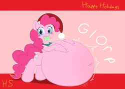 Size: 2800x2000 | Tagged: suggestive, artist:hedgehogstew, derpibooru import, pinkie pie, earth pony, pony, abstract background, belly, belly button, belly expansion, big belly, christmas, cookie, eating, food, growth, hat, holiday, hoof on belly, huge belly, image, inflation, png, santa hat, solo, squishy, stomach noise, stuffed belly