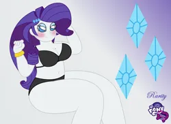Size: 3509x2550 | Tagged: suggestive, alternate version, artist:lewdfler85, derpibooru import, part of a set, rarity, human, equestria girls, beauty mark, bedroom eyes, big breasts, blushing, bra, bracelet, breasts, busty rarity, clothes, cutie mark background, derpibooru exclusive, female, image, jewelry, looking at you, makeup, panties, png, sitting, solo, solo female, thick, underwear