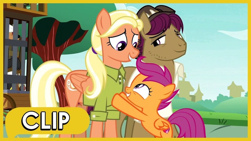 Size: 1280x720 | Tagged: safe, derpibooru import, edit, edited screencap, screencap, mane allgood, scootaloo, snap shutter, earth pony, pegasus, pony, the last crusade, cage, clothes, female, filly, foal, image, jpeg, male, mare, parent, shirt, stallion