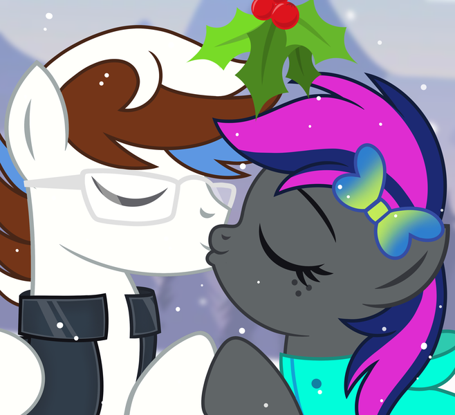 Size: 3289x3000 | Tagged: safe, artist:jennieoo, derpibooru import, oc, oc:cotton bun, oc:soul beat, pegasus, pony, commission, couple, duo, eyes closed, freckles, glasses, holding hooves, image, kiss on the lips, kissing, mistletoe, png, romantic, simple background, snow, snowfall, vector, ych example, ych result, your character here