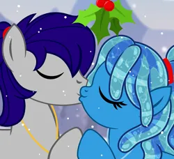 Size: 3289x3000 | Tagged: safe, artist:jennieoo, derpibooru import, oc, oc:maverick, oc:ocean soul, earth pony, pegasus, pony, commission, couple, duo, holding hooves, image, kiss on the lips, kissing, mistletoe, png, ponytail, romantic, show accurate, simple background, snow, snowfall, vector, ych example, ych result, your character here