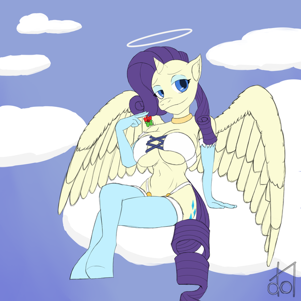 Size: 1500x1500 | Tagged: questionable, artist:dramateen01, derpibooru import, rarity, alicorn, anthro, unguligrade anthro, alicornified, angel, angel rarity, breasts, busty rarity, clothes, cloud, evening gloves, female, gloves, holly, holly mistaken for mistletoe, image, long gloves, midriff, png, race swap, raricorn, shoulder angel, socks, solo, solo female, stockings, thigh highs