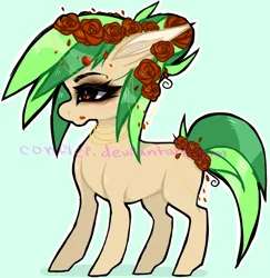 Size: 1116x1148 | Tagged: safe, artist:conflei, derpibooru import, oc, unofficial characters only, earth pony, pony, ear fluff, earth pony oc, eyelashes, flower, flower in hair, green background, image, makeup, png, rose, simple background, solo