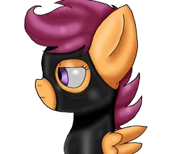 Size: 1708x1500 | Tagged: safe, artist:taeko, derpibooru import, scootaloo, pegasus, pony, fanfic:rainbow factory, absentia, catsuit, factory scootaloo, fanfic art, female, filly, foal, frown, hood, image, latex, latex suit, png, shading practice, side view, simple background, solo, transparent background