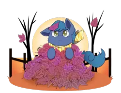 Size: 3984x3060 | Tagged: safe, artist:backgroundpony#f352, derpibooru import, oc, oc:meteor zoom, pony, autumn, clothes, commission, cute, eyes open, happy, image, leaf pile, leaves, male, one ear down, png, scarf, stallion, ych result, your character here