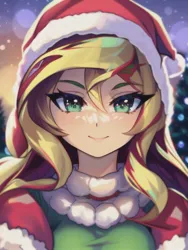 Size: 512x682 | Tagged: safe, derpibooru import, editor:sammykun, machine learning generated, novelai, stable diffusion, sunset shimmer, human, g4, beautiful, bust, christmas, clothes, female, green eyes, hat, holiday, humanized, image, jpeg, looking at you, portrait, prompter:sammykun, santa hat, smiling, smiling at you, solo, solo female