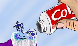 Size: 512x307 | Tagged: safe, derpibooru import, minuette, human, pony, unicorn, colgate toothpaste, female, full body, image, jpeg, lying down, mare, prone, pun, toothbrush, toothpaste