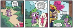 Size: 1334x519 | Tagged: safe, artist:nanook123, derpibooru import, idw, pinkie pie, spike, dragon, earth pony, pony, spoiler:comic, baby, baby dragon, burt, cute, dialogue, diapinkes, emanata, female, free comic book day, g4, image, jpeg, male, marching band, marching band uniform, mare, musical instrument, pinkie being pinkie, season 10, speech bubble, stallion, trio, tuba, winged spike, wings