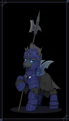 Size: 1523x2681 | Tagged: safe, artist:dipfanken, derpibooru import, oc, unofficial characters only, changeling, armor, black background, changeling oc, convincing armor, halberd, image, looking at you, png, simple background, solo, weapon