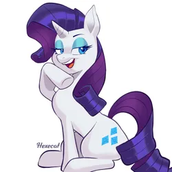Size: 3000x3000 | Tagged: safe, artist:hexecat, derpibooru import, rarity, pony, unicorn, bedroom eyes, butt, eyebrows, eyelashes, eyeshadow, female, high res, hoof on chin, image, large butt, looking at you, makeup, mare, one hoof raised, open mouth, open smile, png, raised hoof, signature, simple background, sitting, smiling, smiling at you, solo, thighs, thunder thighs, white background