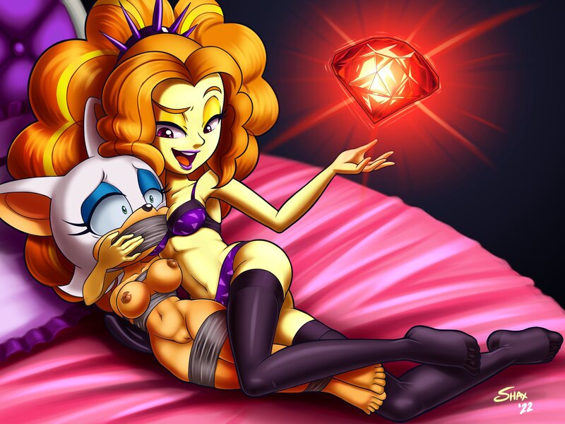 Size: 2400x1800 | Tagged: explicit, alternate version, artist:shaxbert, derpibooru import, adagio dazzle, equestria girls, a-domme-gio, bondage, bound and gagged, chaos emerald, clothes, gag, image, jpeg, lingerie, rouge the bat, socks, sonic the hedgehog (series), stocking feet, stockings, tape, tape bondage, tape gag, thigh highs