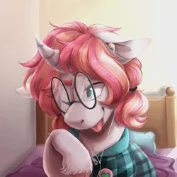 Size: 2000x2000 | Tagged: safe, artist:eggoatt, oc, oc:band geek, unofficial characters only, pony, unicorn, bed, bedroom, clothes, earbuds, glasses, image, lidded eyes, nerd, one eye closed, pigtails, plaid shirt, png, shirt, tongue out, wink
