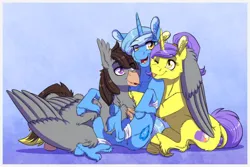 Size: 1772x1181 | Tagged: safe, artist:inuhoshi-to-darkpen, derpibooru import, oc, oc:glacandra, oc:luxor, oc:tulipan, unofficial characters only, classical hippogriff, hippogriff, unicorn, armband, chest fluff, cute, group hug, hoof fluff, hug, image, one eye closed, open mouth, png, ponytail, tongue out