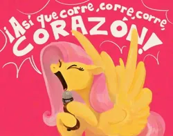 Size: 720x568 | Tagged: safe, artist:coypuppy, derpibooru import, fluttershy, pegasus, pony, eyes closed, female, image, jpeg, mare, microphone, open mouth, red background, simple background, singing, solo, spanish