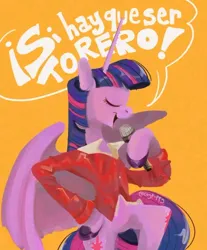 Size: 696x841 | Tagged: safe, artist:coypuppy, derpibooru import, twilight sparkle, twilight sparkle (alicorn), alicorn, pony, clothes, eyes closed, female, hoof hold, hoof on hip, image, jacket, jpeg, mare, open mouth, simple background, singing, solo, spanish, yellow background