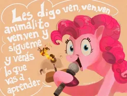Size: 720x548 | Tagged: safe, artist:coypuppy, derpibooru import, boneless, cheese sandwich, pinkie pie, earth pony, pony, beige background, duo, female, hoof hold, image, jpeg, male, mare, mechanical bull, microphone, simple background, singing, solo focus, spanish, stallion