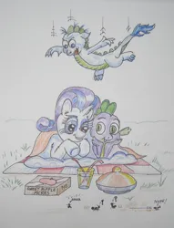 Size: 732x956 | Tagged: safe, artist:hillbe, derpibooru import, rarity, spike, oc, oc:spike jr., ant, dracony, dragon, hybrid, insect, pony, unicorn, belly flop, drink, drinking straw, family, female, image, interspecies offspring, jpeg, lying down, male, mare, moments before disaster, offspring, parent:rarity, parent:spike, parents:sparity, picnic, pointing, shipping, sparity, straight, traditional art