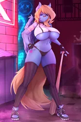 Size: 3000x4500 | Tagged: suggestive, artist:redwix, derpibooru import, oc, oc:lusty symphony, unofficial characters only, anthro, pegasus, alley, alleyway, anthro oc, bandage, bandaid, bandaid on nose, baseball bat, belly button, big breasts, bimbo, bimbo oc, breasts, cameltoe, clothes, erect nipples, female, fingerless gloves, gloves, hand on hip, huge breasts, image, looking at you, nipple outline, nudity, panties, partial nudity, pegasus oc, png, shoes, short shirt, sneakers, socks, solo, stockings, tail, thigh highs, thong, underboob, underwear, wings
