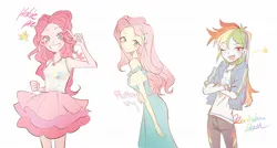 Size: 1300x699 | Tagged: safe, artist:suansuan_33, derpibooru import, fluttershy, pinkie pie, rainbow dash, equestria girls, bare shoulders, clothes, crossed arms, cutie mark, cutie mark on clothes, female, grin, image, jpeg, looking at you, one eye closed, open mouth, open smile, simple background, smiling, smiling at you, stars, trio, trio female, white background, wink, winking at you