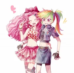 Size: 1300x1292 | Tagged: safe, artist:suansuan_33, derpibooru import, pinkie pie, rainbow dash, human, pony, ^^, bare shoulders, belly button, belt, bracelet, clothes, duo, duo female, ear piercing, earring, exclamation point, eyes closed, female, fingerless gloves, gloves, heart, humanized, image, jewelry, jpeg, lesbian, mare, open mouth, open smile, peace sign, piercing, pinkiedash, shipping, simple background, skirt, smiling, sweat, white background