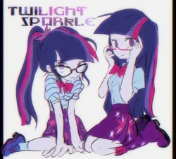 Size: 2007x1808 | Tagged: safe, artist:suansuan_33, derpibooru import, sci-twi, twilight sparkle, equestria girls, chromatic aberration, clothes, duo, duo female, female, glasses, image, jpeg, looking at you, simple background, sitting, skirt, twolight, white background